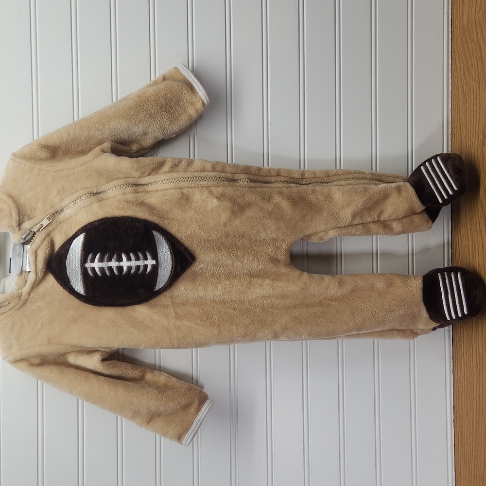 Like New, Mick Mack Baby Boys 6-9 Month Football Plush Fleece Bunting Coverall